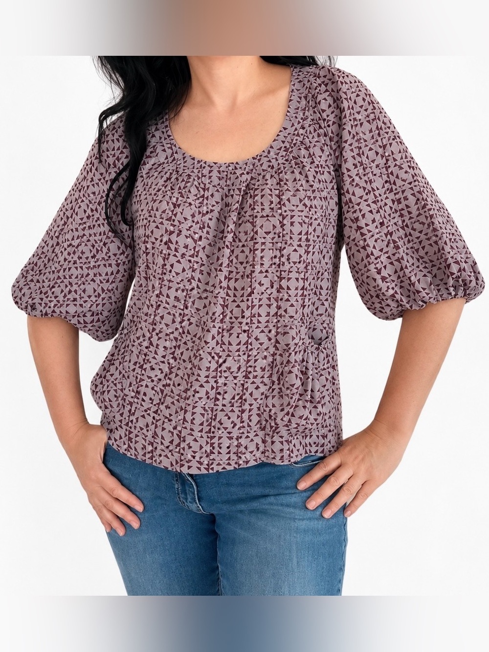 Vintage Sandro Paris 100% Silk Geometric Print Peasant Puff Sleeve Top Small